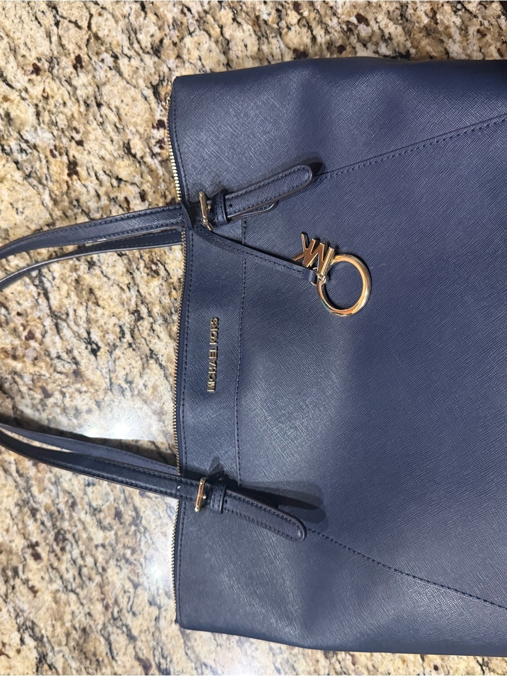 Michael Kors Navy Saffiano Tote with Gold Hardware